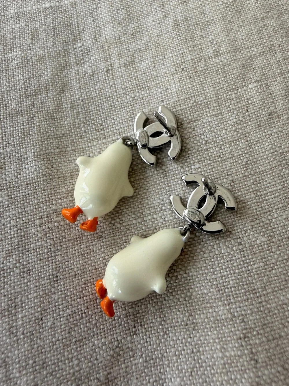 CHANEL White Enamel Chicken CC Drop Earrings with Orange Accents